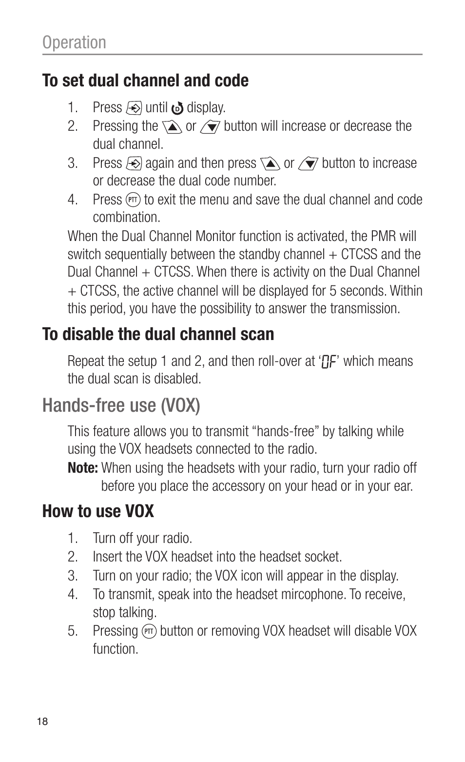 Hands-free use (vox), Operation to set dual channel and code, How to use vox | Oricom PMR3000 User Manual | Page 18 / 28