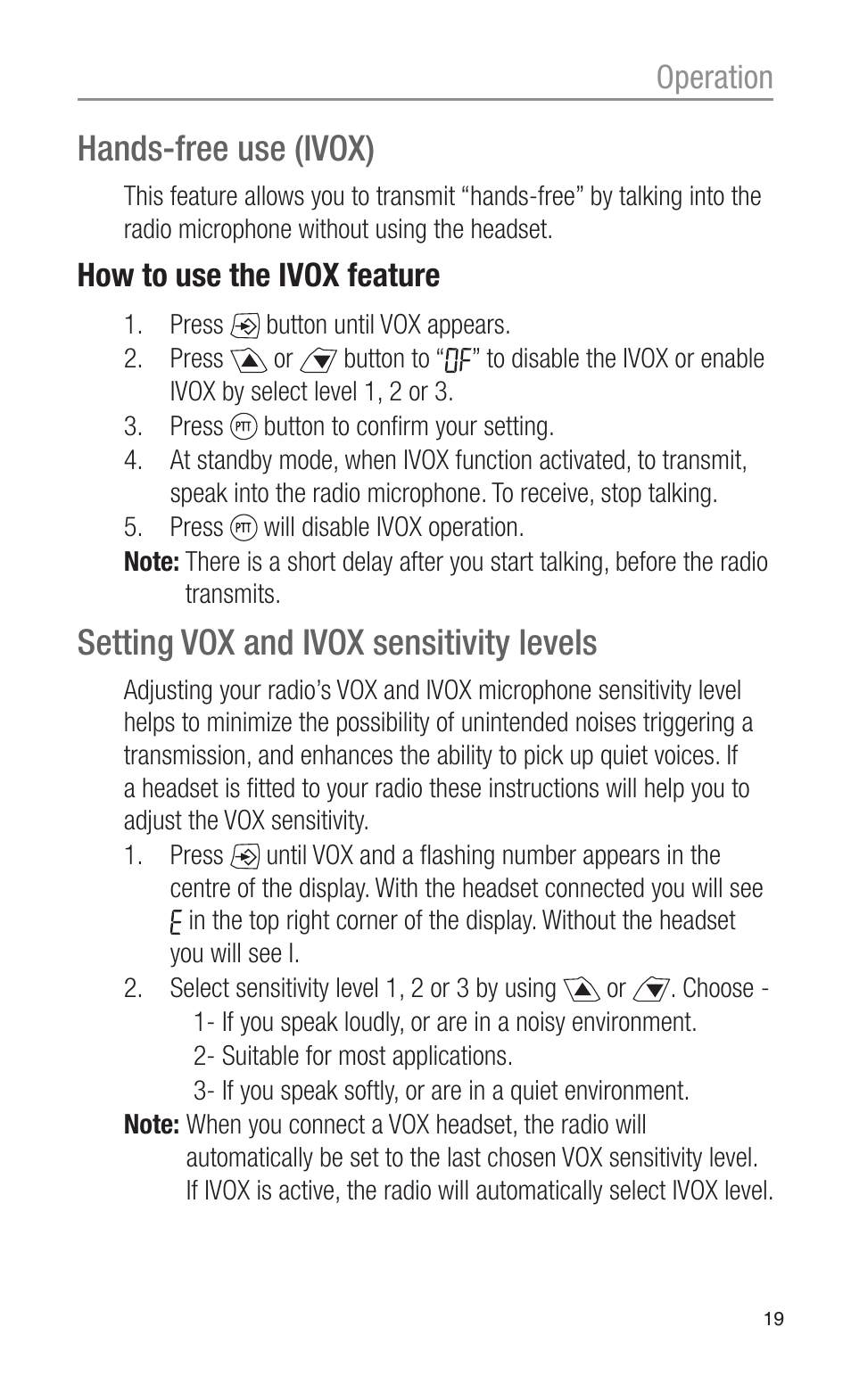 Hands-free use (ivox), Setting vox and ivox sensitivity levels, Operation | How to use the ivox feature | Oricom PMR3000 User Manual | Page 19 / 28