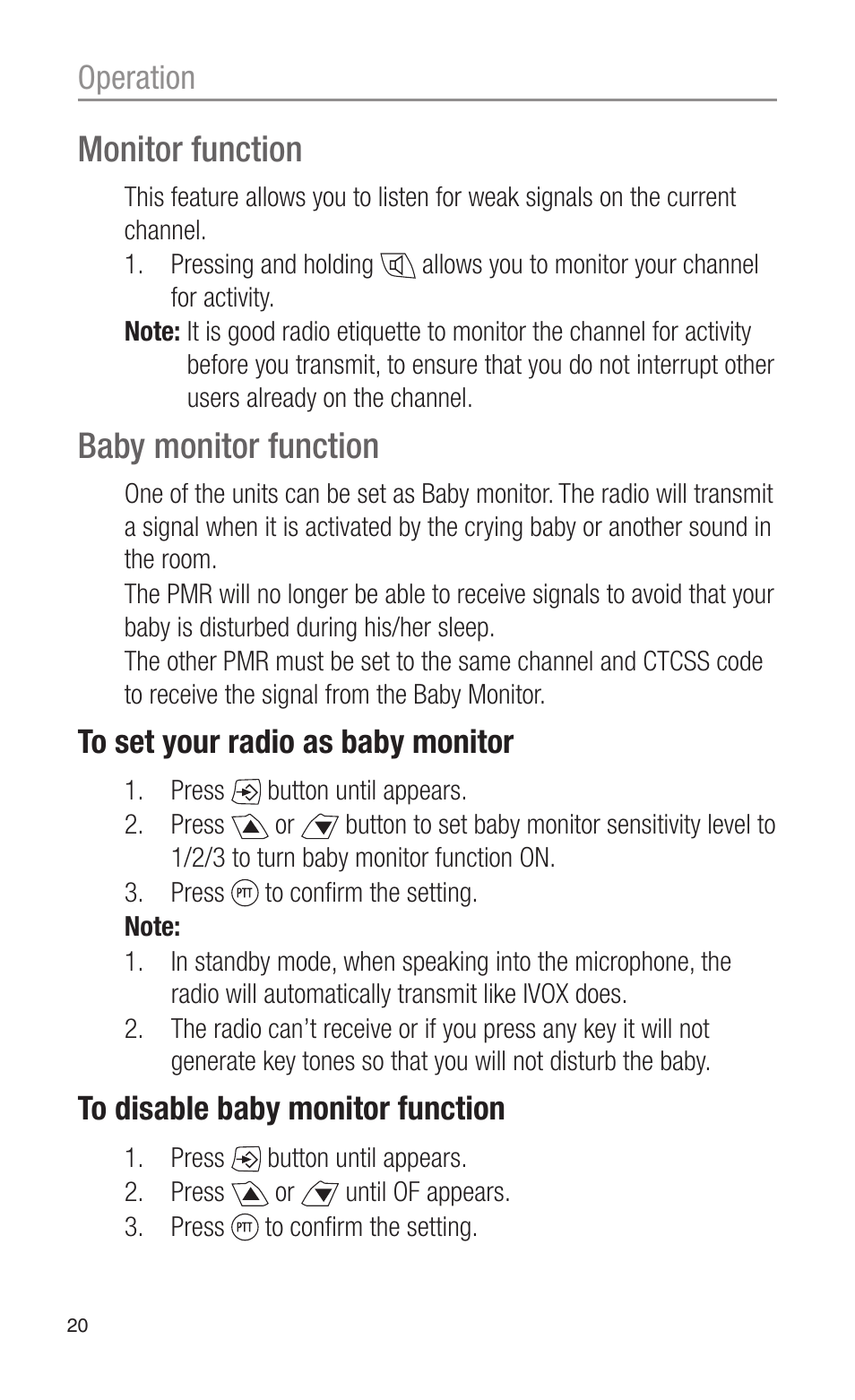 Monitor function, Baby monitor function, Operation | Oricom PMR3000 User Manual | Page 20 / 28