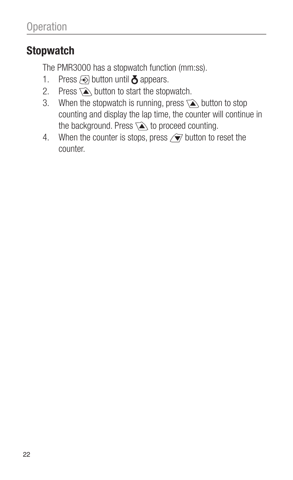 Operation stopwatch | Oricom PMR3000 User Manual | Page 22 / 28