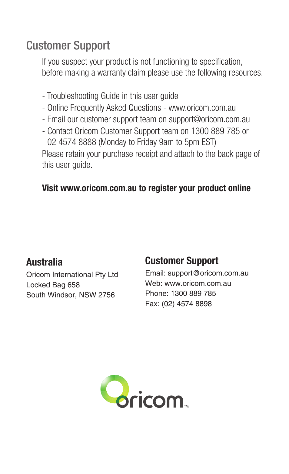 Customer support | Oricom PMR3000 User Manual | Page 28 / 28