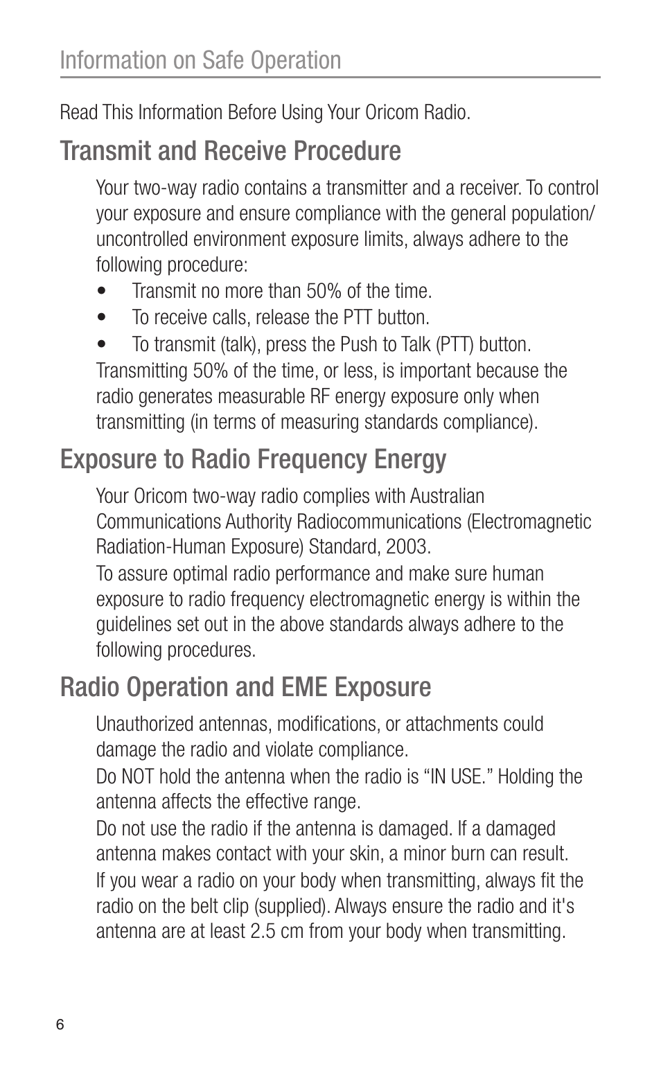 Transmit and receive procedure, Exposure to radio frequency energy, Radio operation and eme exposure | Information on safe operation | Oricom PMR3000 User Manual | Page 6 / 28