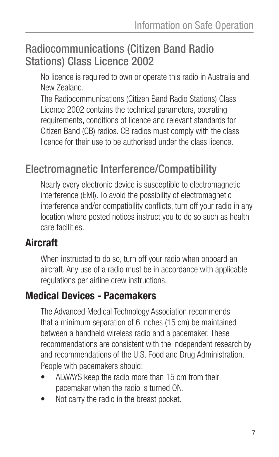 Electromagnetic interference/compatibility, Information on safe operation, Aircraft | Medical devices - pacemakers | Oricom PMR3000 User Manual | Page 7 / 28