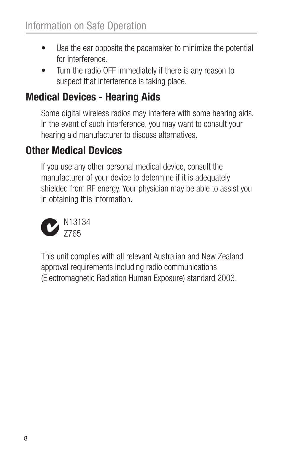 Information on safe operation, Medical devices - hearing aids, Other medical devices | Oricom PMR3000 User Manual | Page 8 / 28