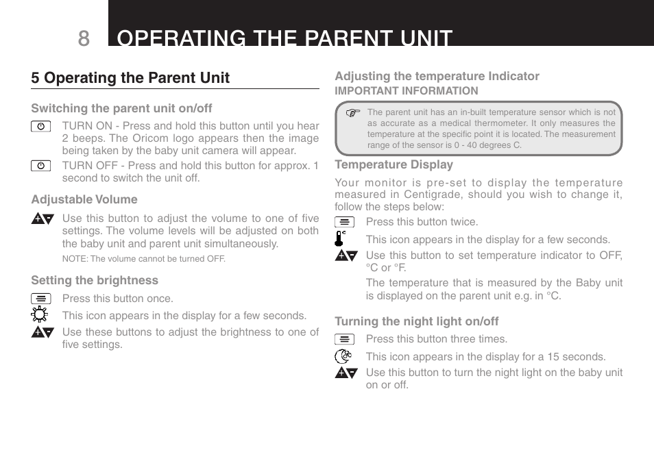 8operating the parent unit, 5 operating the parent unit | Oricom SECURE 700 User Manual | Page 10 / 20