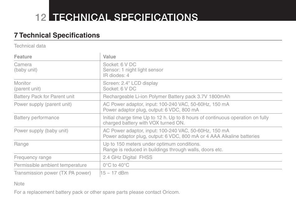 Pack contents 12 technical specifications, 7 technical specifications | Oricom SECURE 700 User Manual | Page 14 / 20