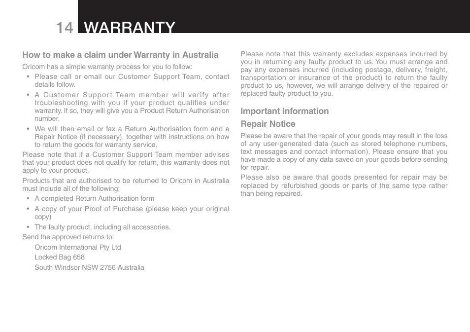 Warranty 14 | Oricom SECURE 700 User Manual | Page 16 / 20