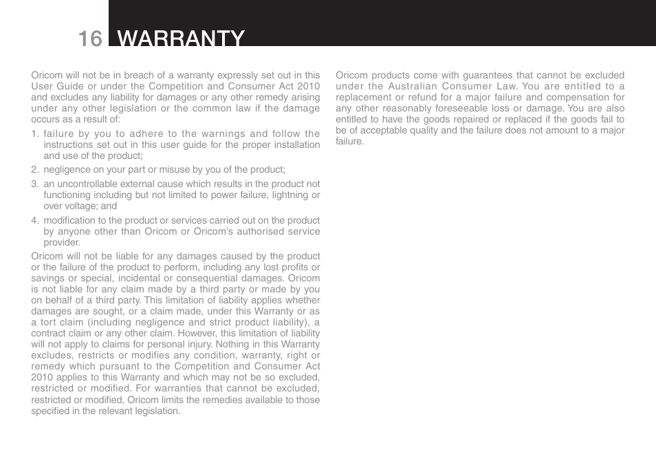 Warranty 16 | Oricom SECURE 700 User Manual | Page 18 / 20