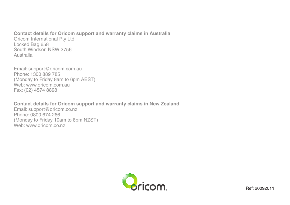 Oricom SECURE 700 User Manual | Page 20 / 20