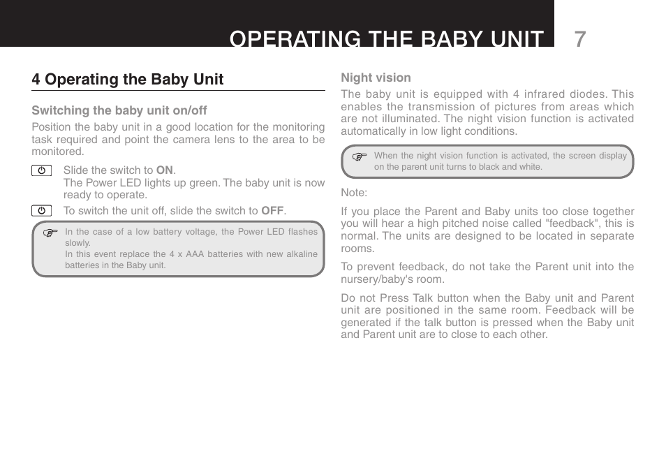 7operating the baby unit, 4 operating the baby unit | Oricom SECURE 700 User Manual | Page 9 / 20