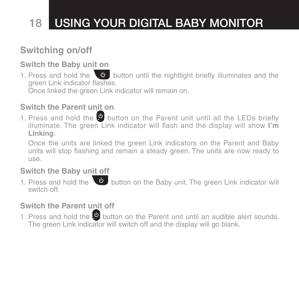 18 using your digital baby monitor, Switching on/off | Oricom 610 User Manual | Page 18 / 48