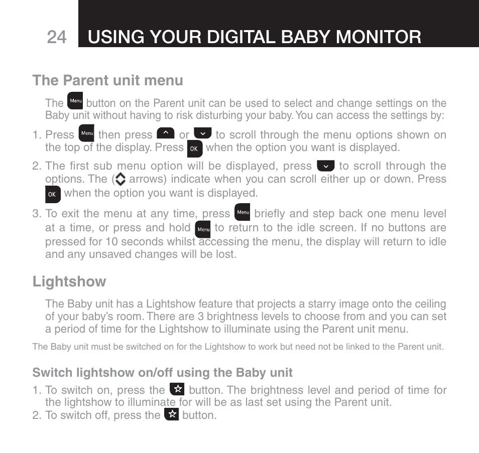 Using your digital baby monitor, The parent unit menu, Lightshow | Oricom 610 User Manual | Page 24 / 48