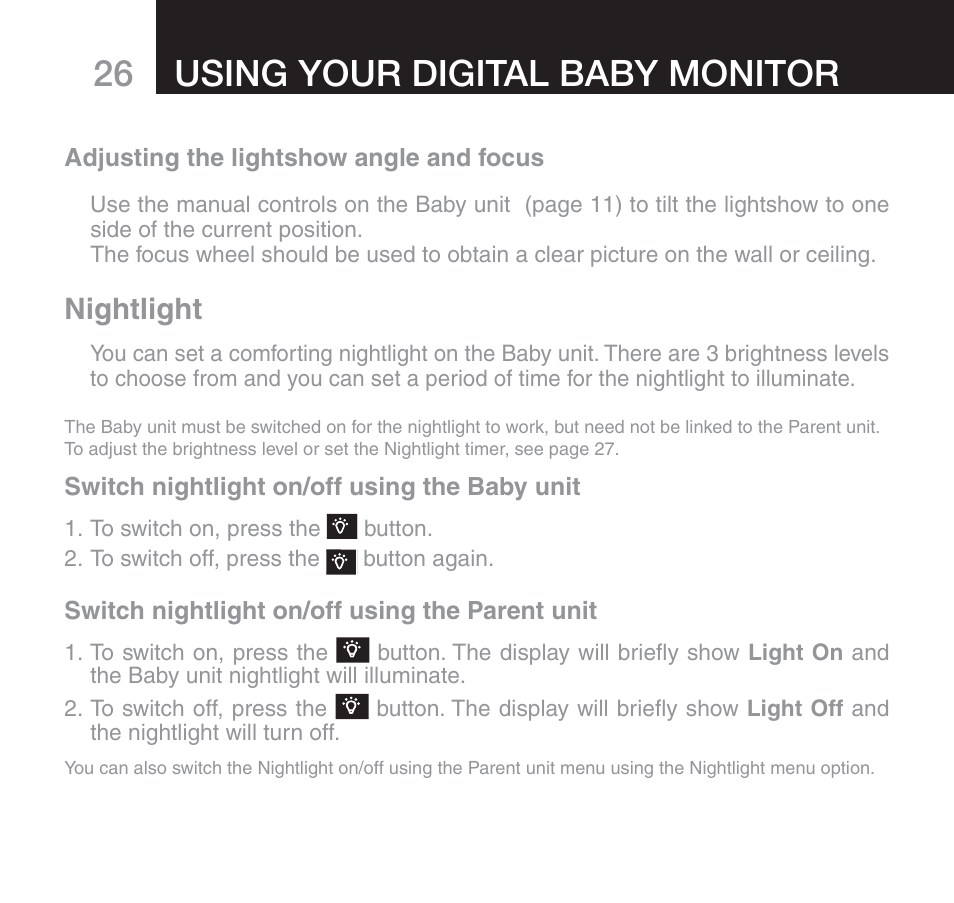 Using your digital baby monitor, Nightlight | Oricom 610 User Manual | Page 26 / 48