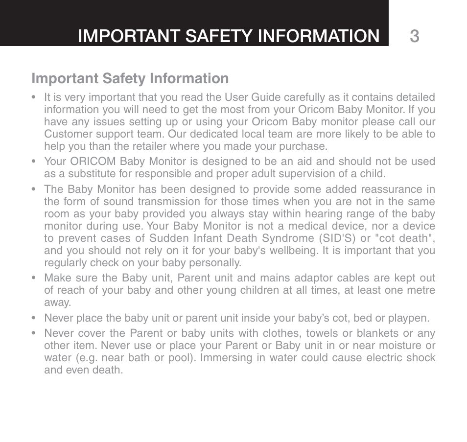 3important safety information, Important safety information | Oricom 610 User Manual | Page 3 / 48