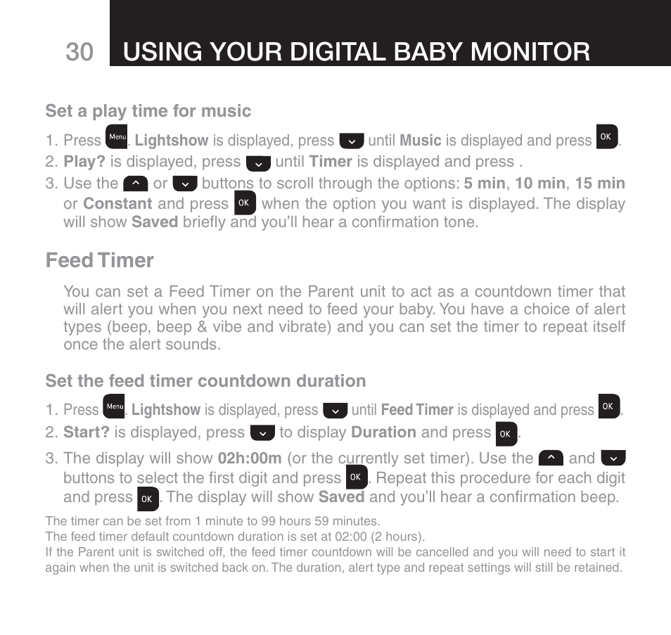 Using your digital baby monitor, Feed timer | Oricom 610 User Manual | Page 30 / 48