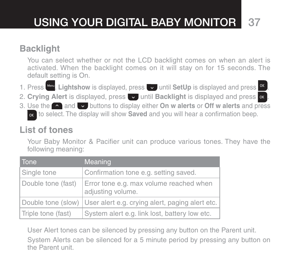 Using your digital baby monitor, Backlight, List of tones | Oricom 610 User Manual | Page 37 / 48