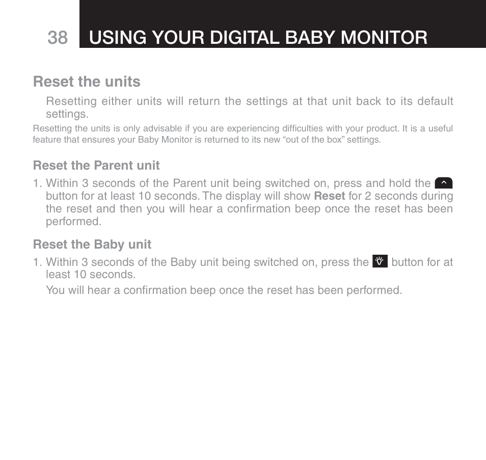 Using your digital baby monitor, Reset the units | Oricom 610 User Manual | Page 38 / 48