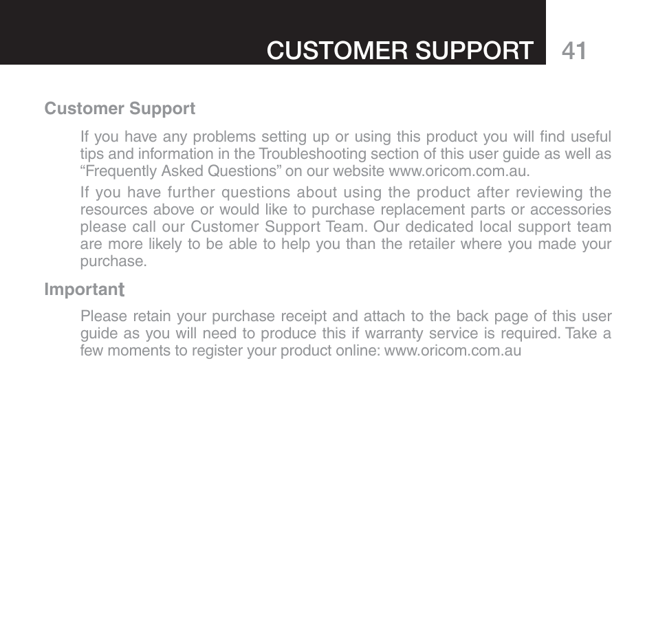 41 customer support | Oricom 610 User Manual | Page 41 / 48