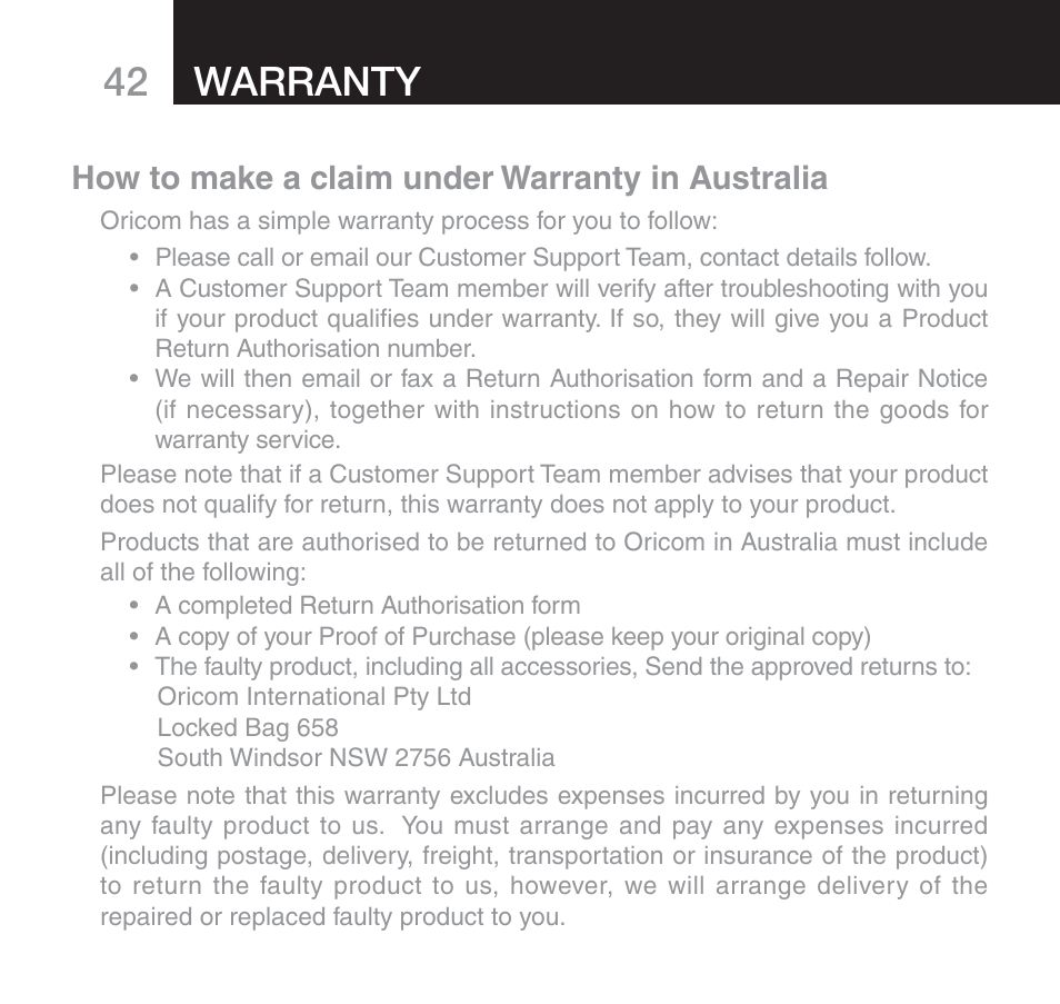 42 warranty, How to make a claim under warranty in australia | Oricom 610 User Manual | Page 42 / 48