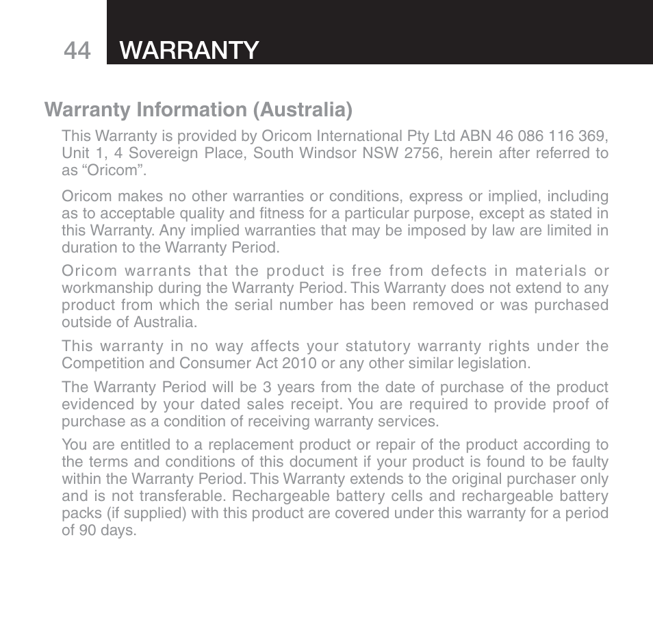 44 warranty, Warranty information (australia) | Oricom 610 User Manual | Page 44 / 48