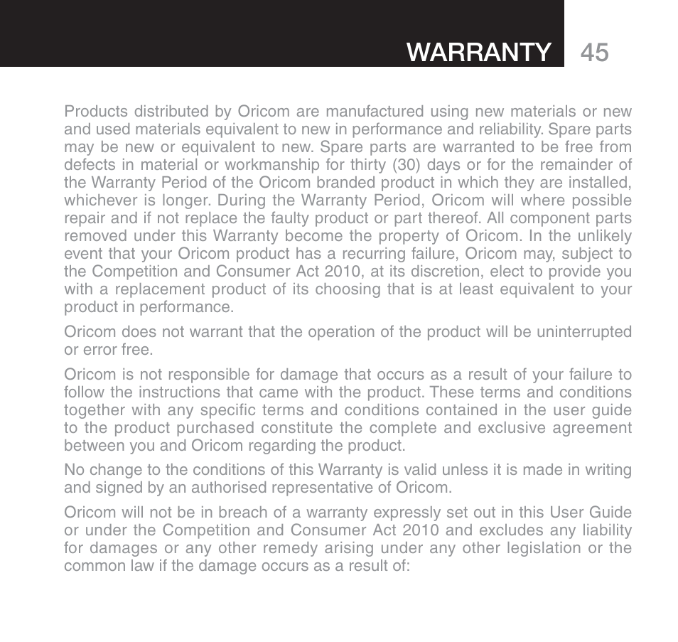 45 warranty | Oricom 610 User Manual | Page 45 / 48