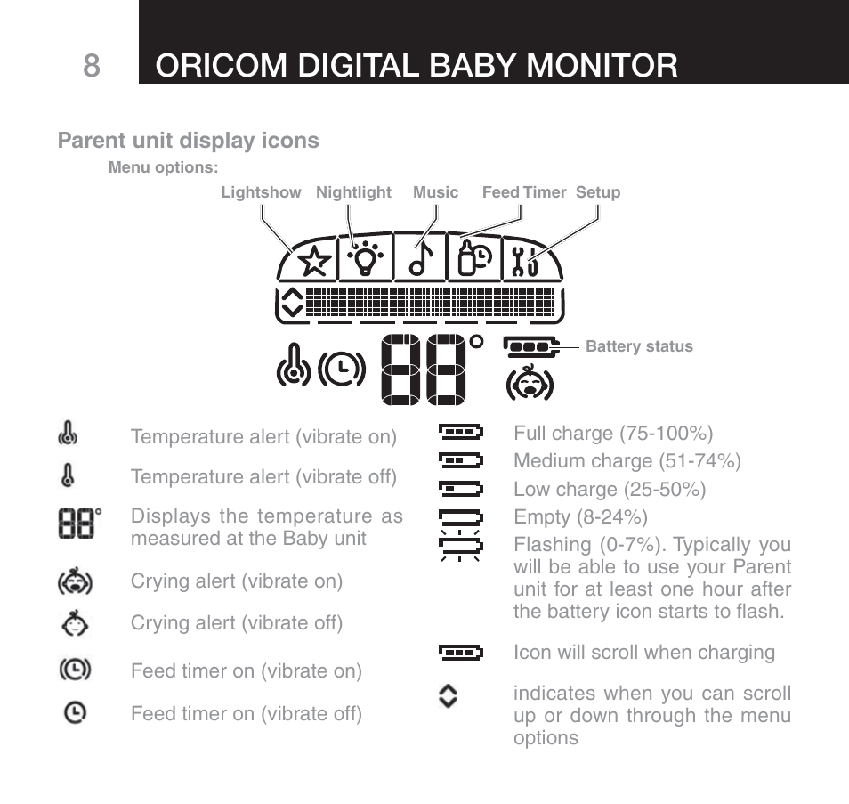 8oricom digital baby monitor | Oricom 610 User Manual | Page 8 / 48