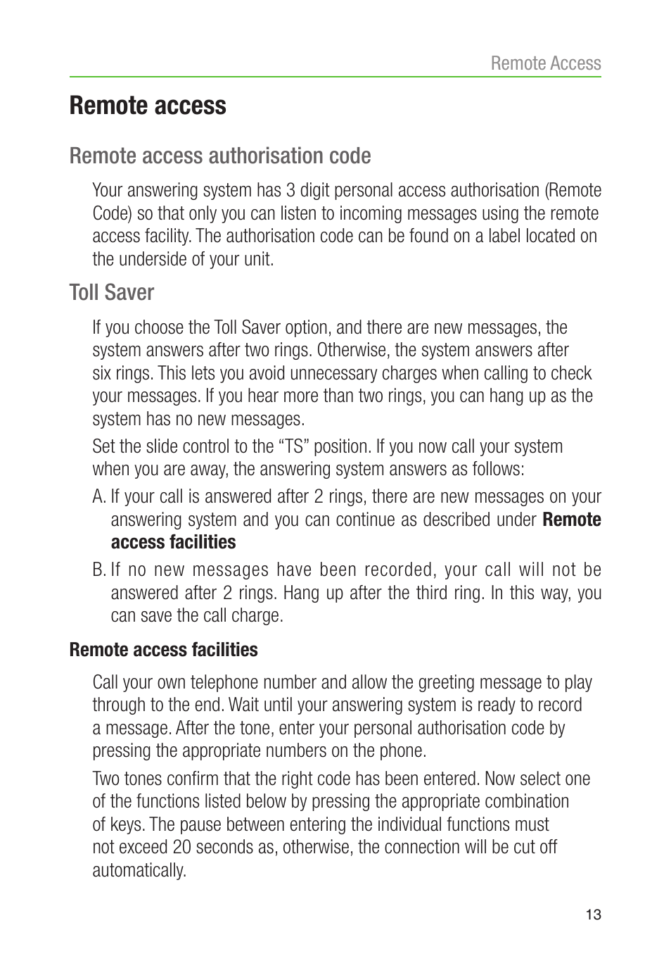 Remote access, Remote access authorisation code, Toll saver | Oricom AMPLIFIED DIGITAL ANSWERING SYSTEM AM900 User Manual | Page 15 / 20