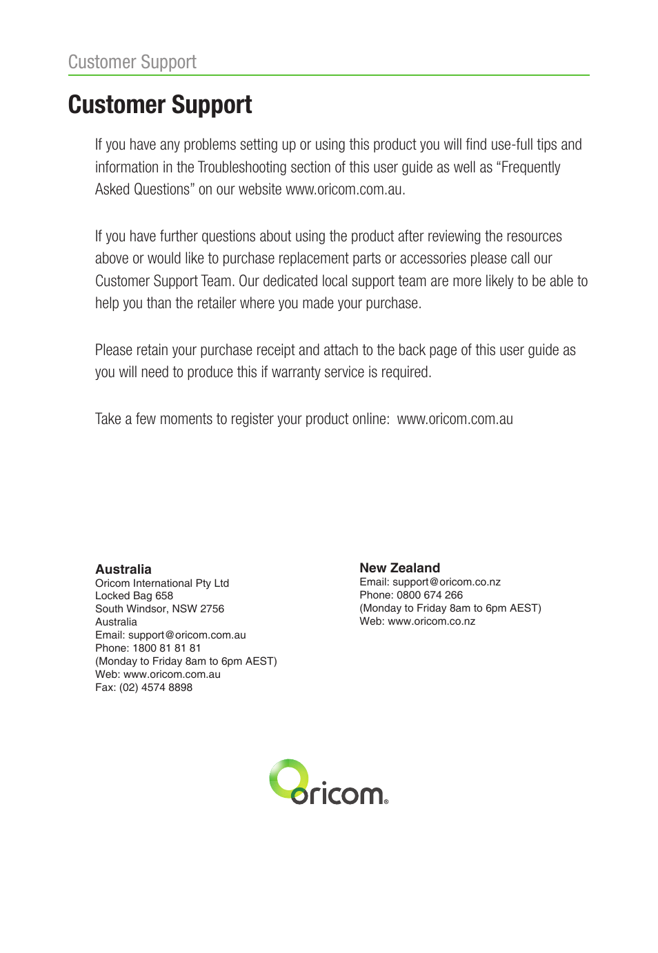 Customer support | Oricom AMPLIFIED DIGITAL ANSWERING SYSTEM AM900 User Manual | Page 20 / 20
