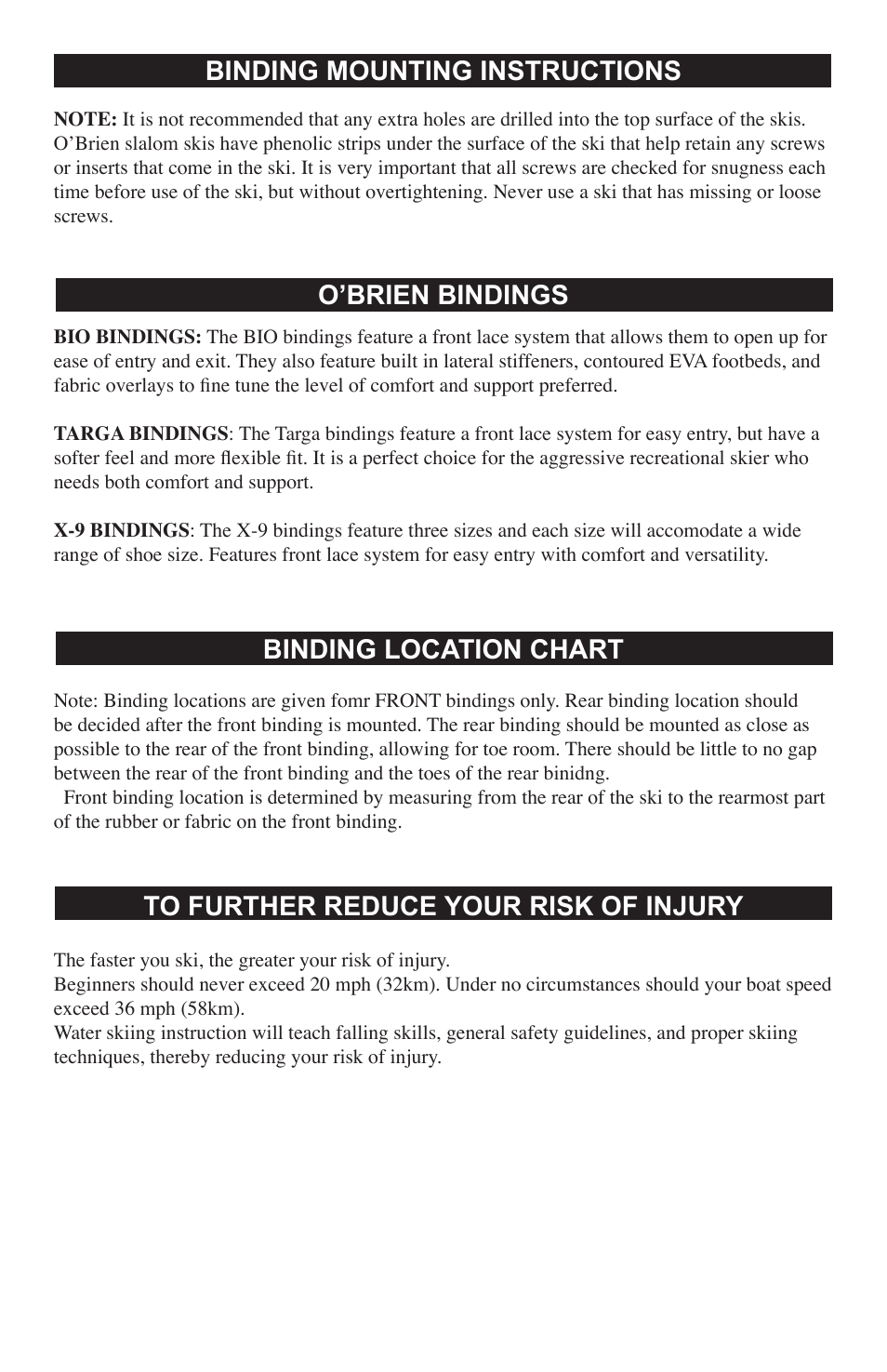 Binding mounting instructions, O’brien bindings, Binding location chart | O'Brien SEQUENCE 2080782 User Manual | Page 4 / 8