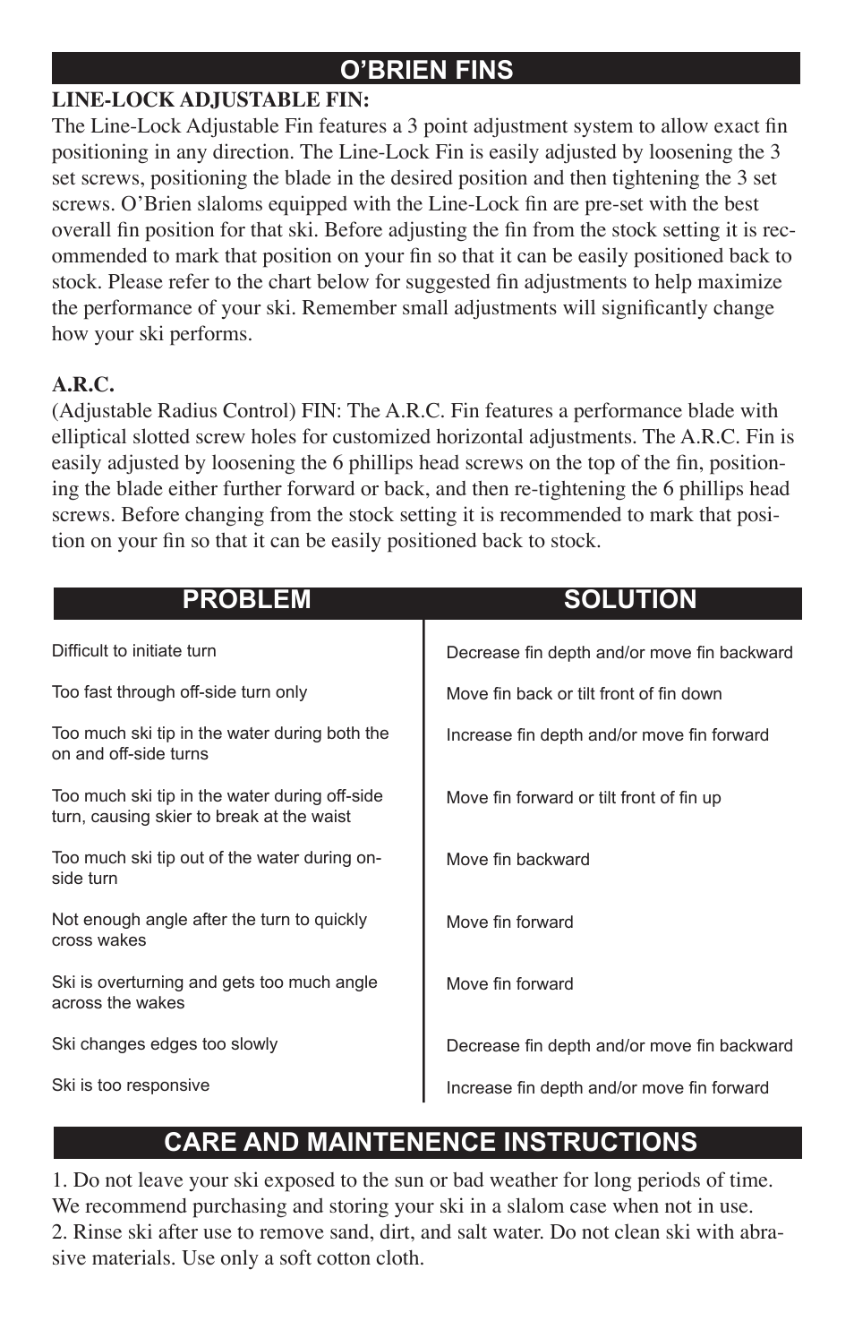 Problem, Solution, Care and maintenence instructions | O’brien fins | O'Brien SEQUENCE 2080782 User Manual | Page 6 / 8