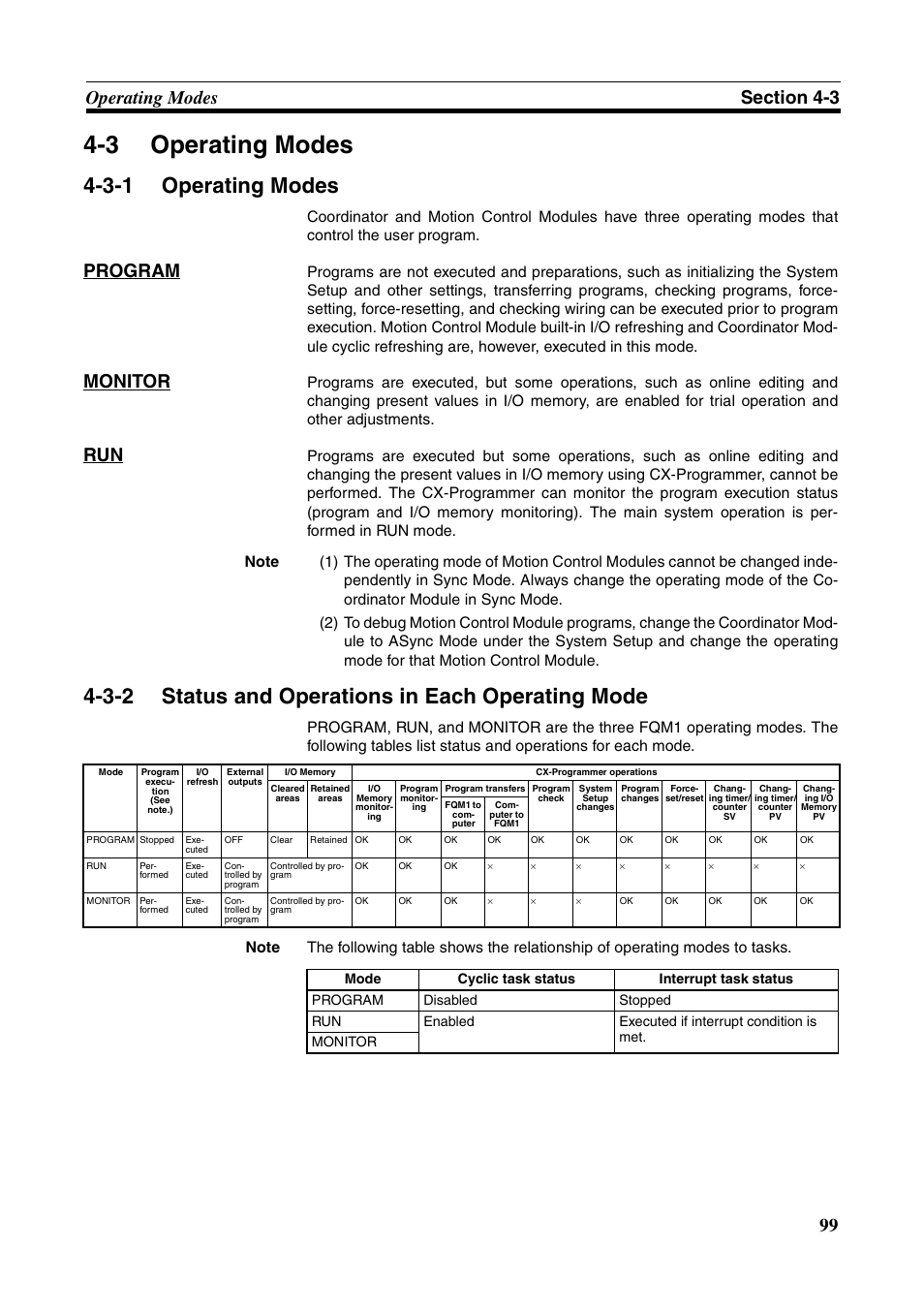 3 operating modes, 3-1 operating modes, 3-2 status and operations in each operating mode | Operating modes, Status and operations in each operating mode, Program, Monitor | Omron HOME SECURITY SYSTEM - MOTION SENSOR FQM1-MMA21 User Manual | Page 122 / 414
