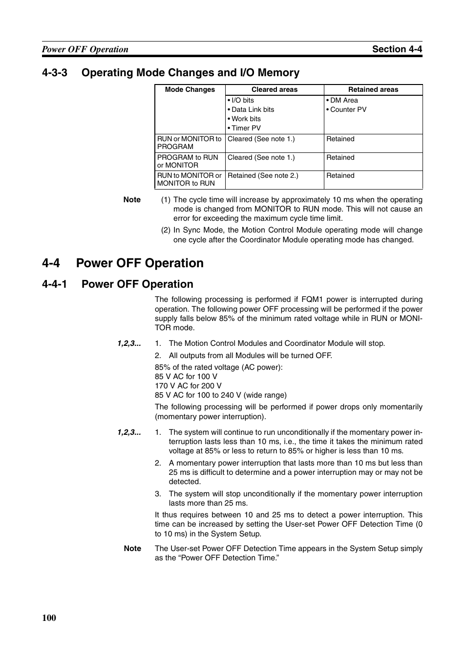 3-3 operating mode changes and i/o memory, 4 power off operation, 4-1 power off operation | Power off operation, Operating mode changes and i/o memory | Omron HOME SECURITY SYSTEM - MOTION SENSOR FQM1-MMA21 User Manual | Page 123 / 414