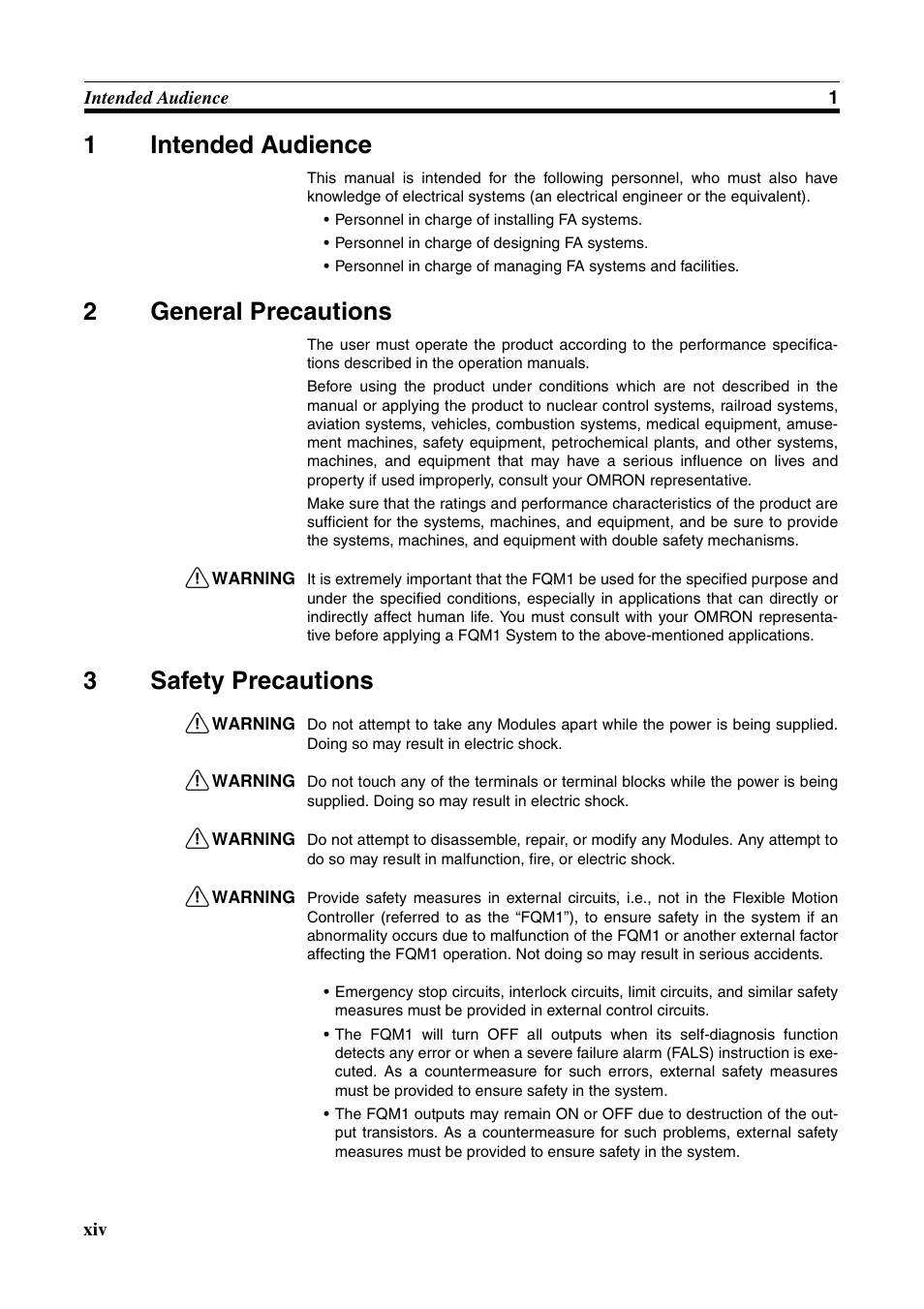 1 intended audience, 2 general precautions, 3 safety precautions | Intended audience, General precautions, Safety precautions, 1intended audience, 2general precautions, 3safety precautions | Omron HOME SECURITY SYSTEM - MOTION SENSOR FQM1-MMA21 User Manual | Page 13 / 414