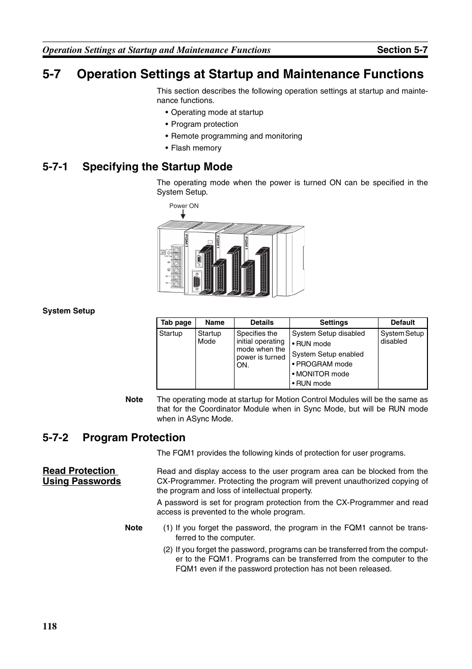 7-1 specifying the startup mode, 7-2 program protection, Specifying the startup mode | Program protection | Omron HOME SECURITY SYSTEM - MOTION SENSOR FQM1-MMA21 User Manual | Page 141 / 414