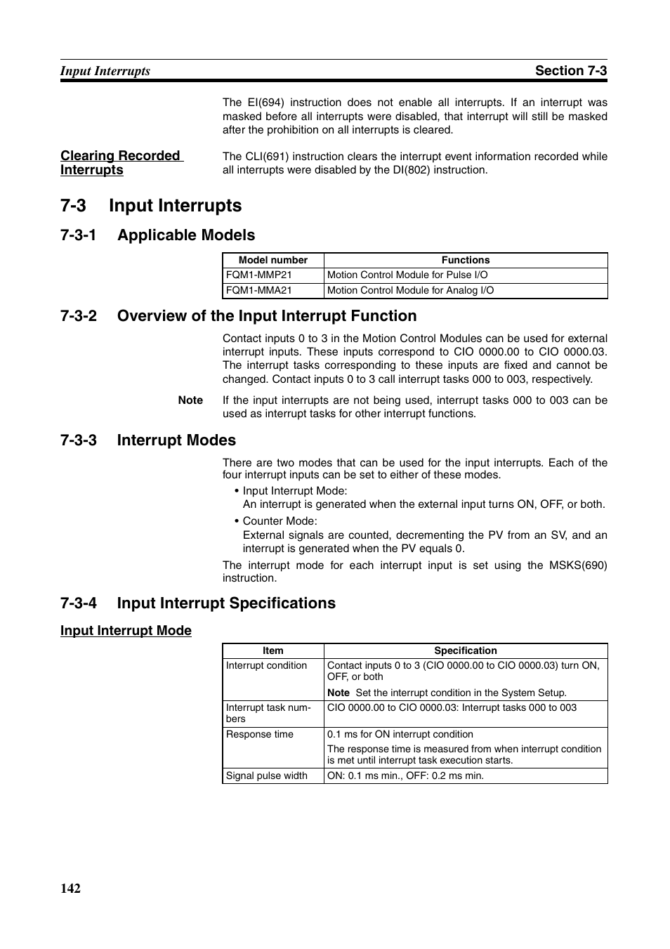 3 input interrupts, 3-1 applicable models, 3-2 overview of the input interrupt function | 3-3 interrupt modes, 3-4 input interrupt specifications, Input interrupts, 3 input interrupts - input interrupt mode, Applicable models, Overview of the input interrupt function, Interrupt modes | Omron HOME SECURITY SYSTEM - MOTION SENSOR FQM1-MMA21 User Manual | Page 165 / 414