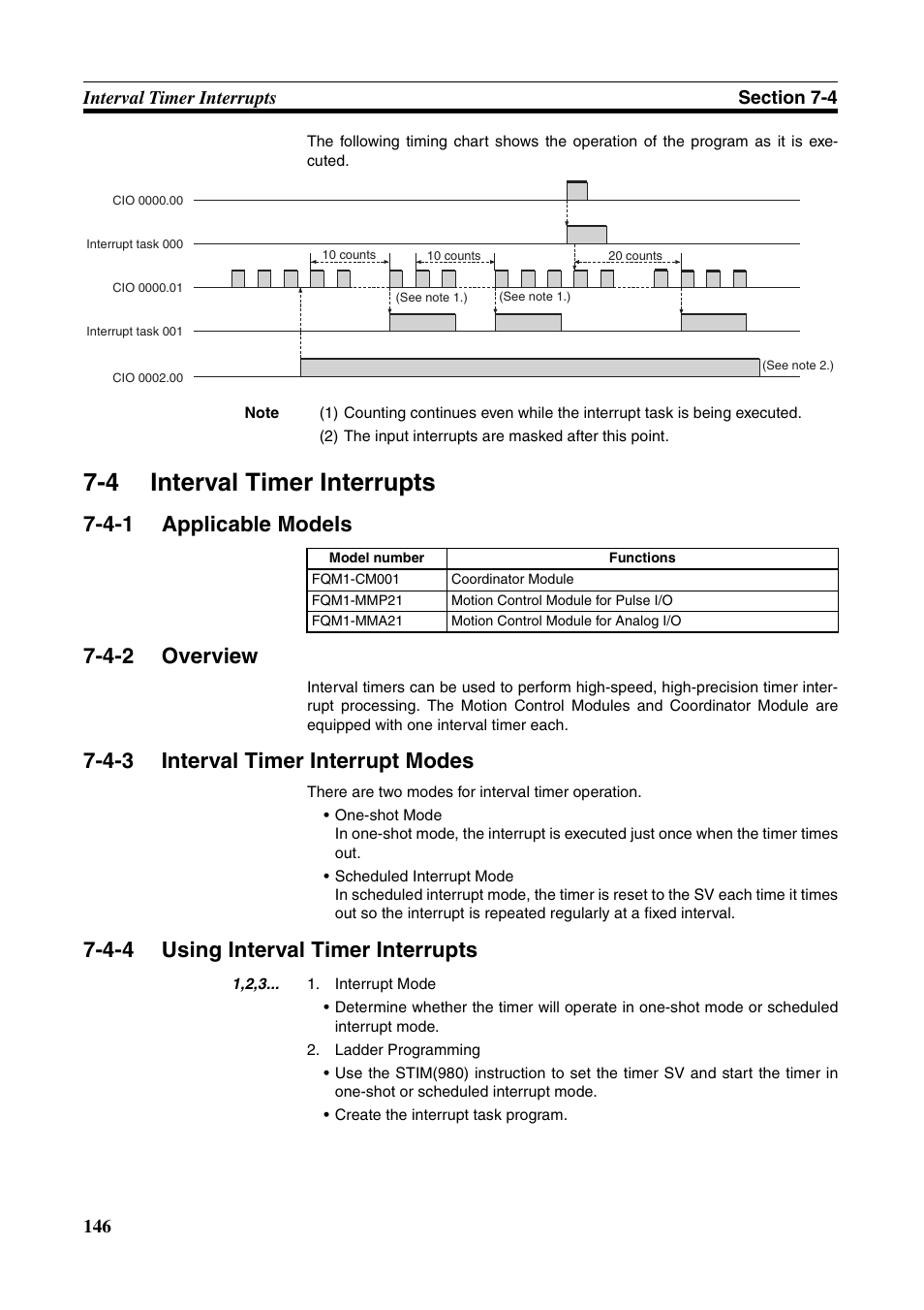 4 interval timer interrupts, 4-1 applicable models, 4-2 overview | 4-3 interval timer interrupt modes, 4-4 using interval timer interrupts, Interval timer interrupts, Applicable models, Overview, Interval timer interrupt modes, Using interval timer interrupts | Omron HOME SECURITY SYSTEM - MOTION SENSOR FQM1-MMA21 User Manual | Page 169 / 414
