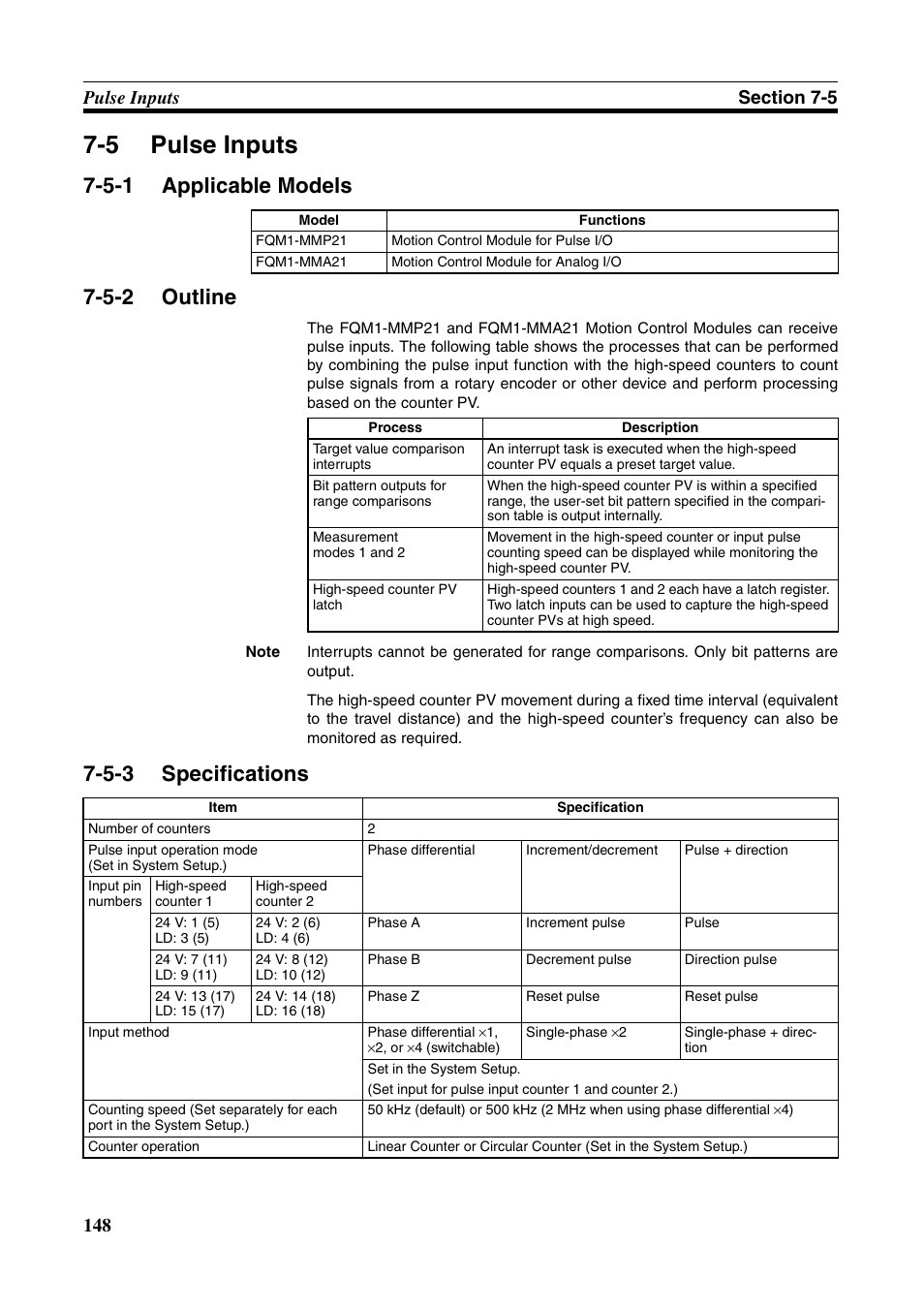 5 pulse inputs, 5-1 applicable models, 5-2 outline | 5-3 specifications, Pulse inputs, Applicable models, Outline, Specifications | Omron HOME SECURITY SYSTEM - MOTION SENSOR FQM1-MMA21 User Manual | Page 171 / 414