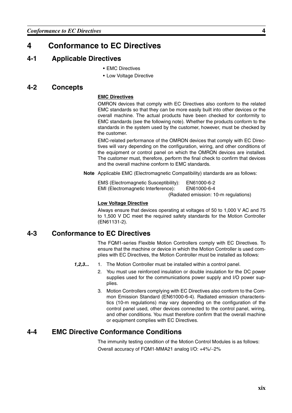4 conformance to ec directives, 1 applicable directives, 2 concepts | 3 conformance to ec directives, 4 emc directive conformance conditions, Conformance to ec directives, Applicable directives, Concepts, 4conformance to ec directives | Omron HOME SECURITY SYSTEM - MOTION SENSOR FQM1-MMA21 User Manual | Page 18 / 414