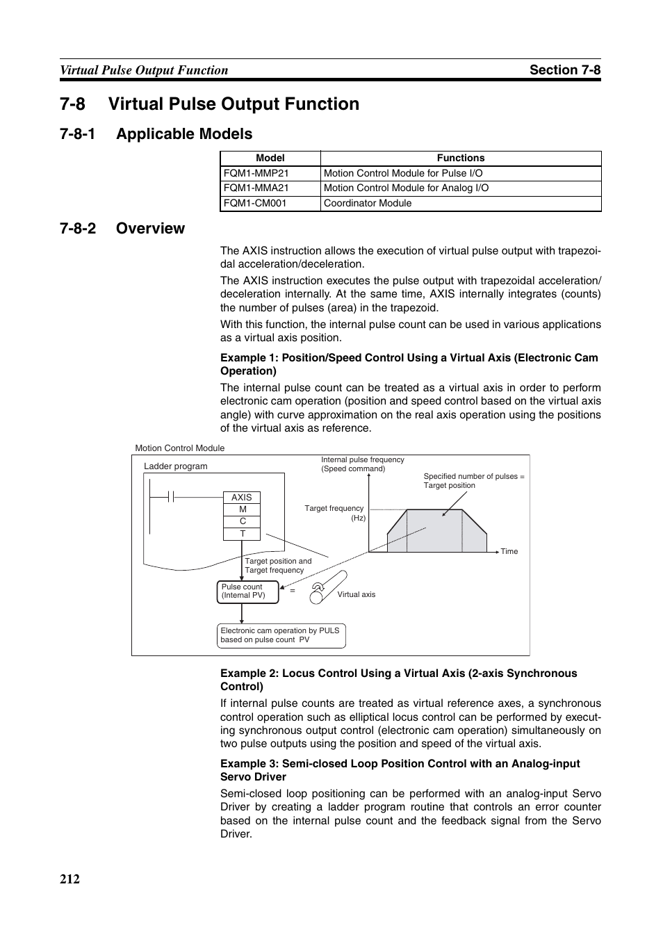 8 virtual pulse output function, 8-1 applicable models, 8-2 overview | Virtual pulse output function, Applicable models, Overview | Omron HOME SECURITY SYSTEM - MOTION SENSOR FQM1-MMA21 User Manual | Page 235 / 414