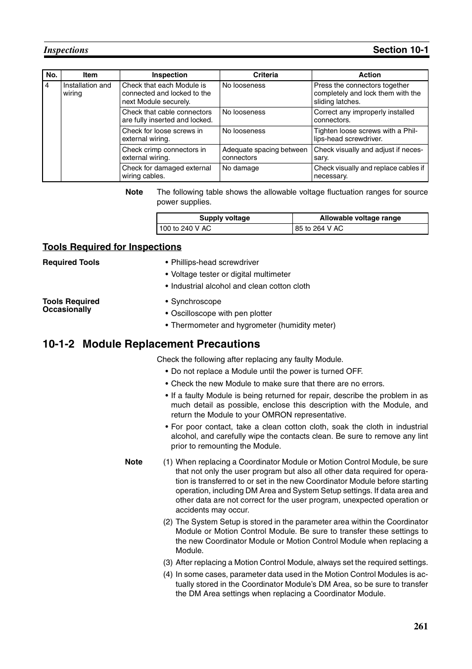 1-2 module replacement precautions, Module replacement precautions, Tools required for inspections | Omron HOME SECURITY SYSTEM - MOTION SENSOR FQM1-MMA21 User Manual | Page 284 / 414
