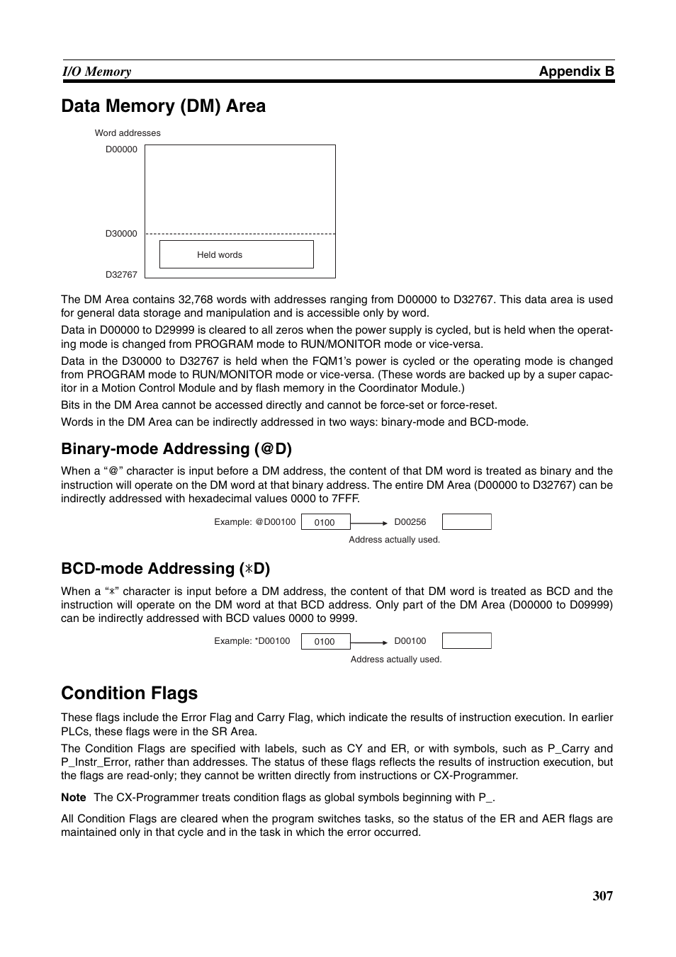Condition flags, Binary-mode addressing (@d), Bcd-mode addressing ( * d) | Omron HOME SECURITY SYSTEM - MOTION SENSOR FQM1-MMA21 User Manual | Page 330 / 414