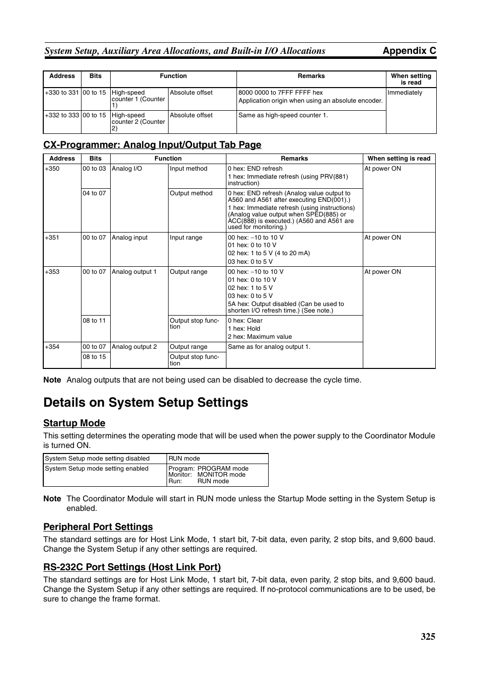 Details on system setup settings, Startup mode, Peripheral port settings | Rs-232c port settings (host link port) | Omron HOME SECURITY SYSTEM - MOTION SENSOR FQM1-MMA21 User Manual | Page 348 / 414