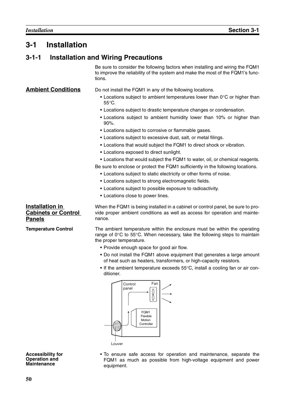 1 installation, 1-1 installation and wiring precautions, Installation | Installation and wiring precautions, Ambient conditions, Installation in cabinets or control panels | Omron HOME SECURITY SYSTEM - MOTION SENSOR FQM1-MMA21 User Manual | Page 73 / 414
