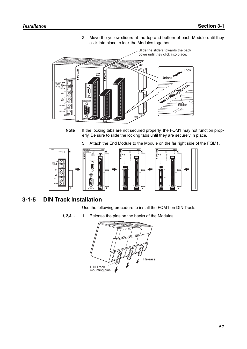 1-5 din track installation, Din track installation, Lock unlock slider | Release din track mounting pins | Omron HOME SECURITY SYSTEM - MOTION SENSOR FQM1-MMA21 User Manual | Page 80 / 414