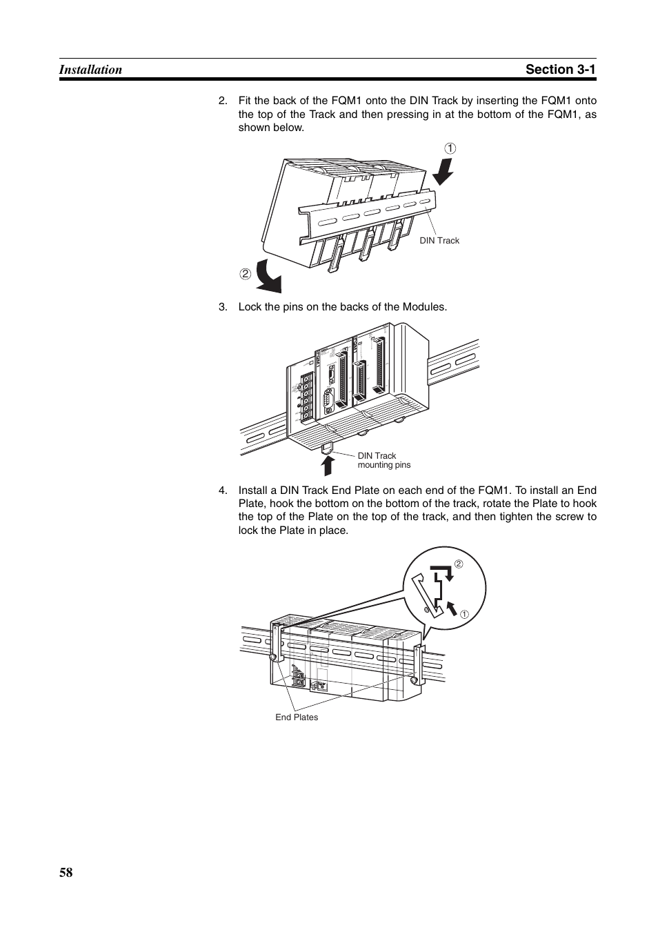 Flexible motion controller, Rs422, Din track | Din track mounting pins, End plates | Omron HOME SECURITY SYSTEM - MOTION SENSOR FQM1-MMA21 User Manual | Page 81 / 414