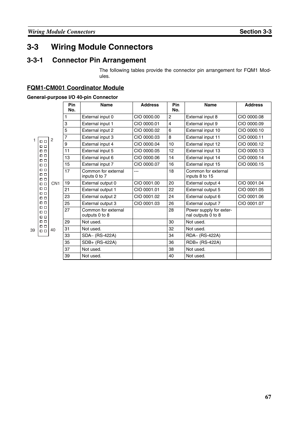 3 wiring module connectors, 3-1 connector pin arrangement, Wiring module connectors | To 3-3 wiring module connec- tors, Connector pin arrangement, Fqm1-cm001 coordinator module | Omron HOME SECURITY SYSTEM - MOTION SENSOR FQM1-MMA21 User Manual | Page 90 / 414