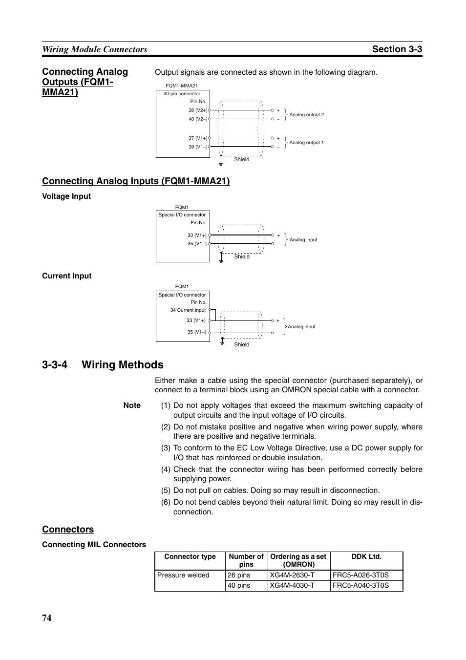 3-4 wiring methods, Wiring methods, Connecting analog inputs (fqm1-mma21) | Connectors | Omron HOME SECURITY SYSTEM - MOTION SENSOR FQM1-MMA21 User Manual | Page 97 / 414