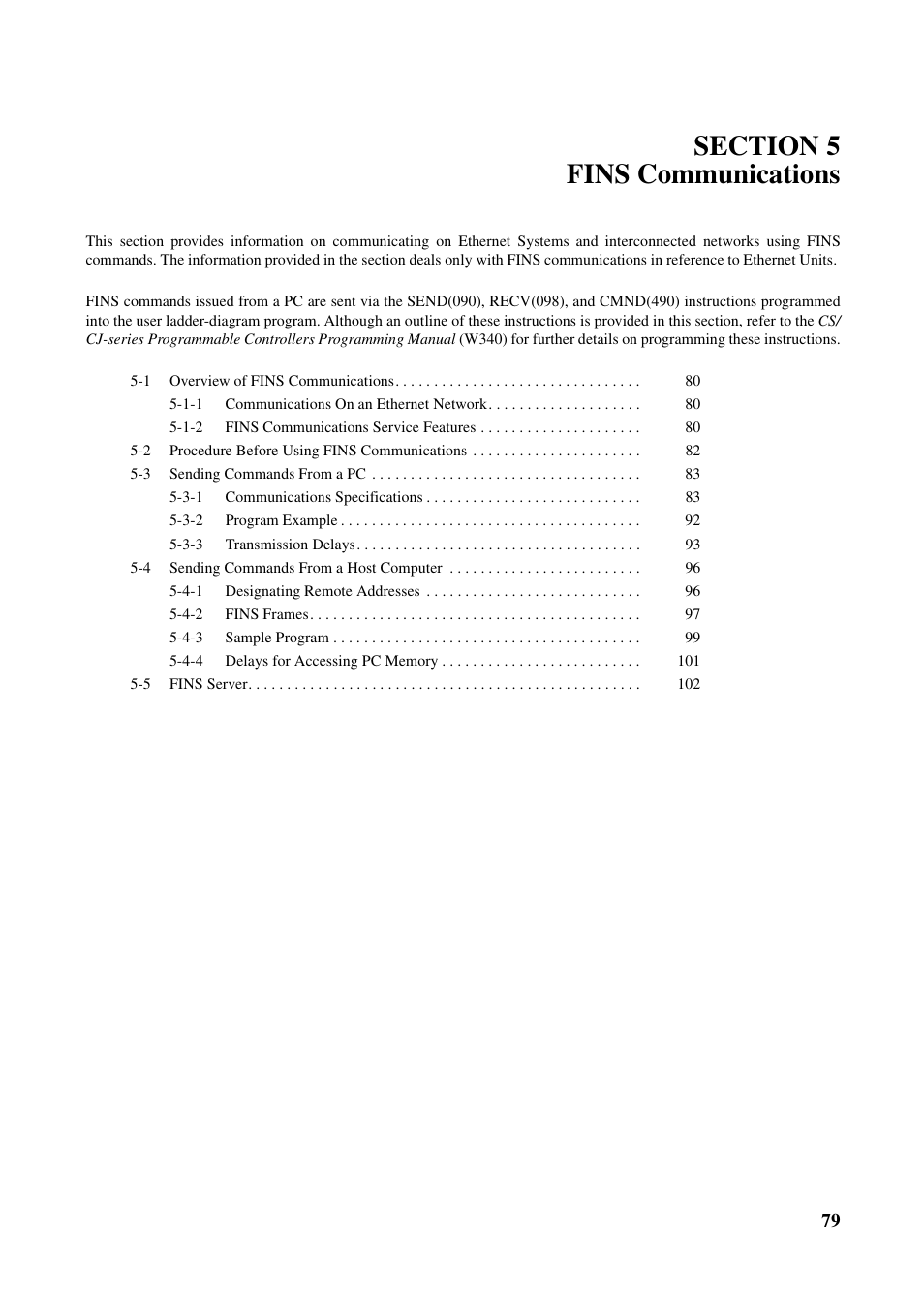 Section 5 fins communications, Section 5 fins com- munications | Omron W343-E1-07 User Manual | Page 100 / 317