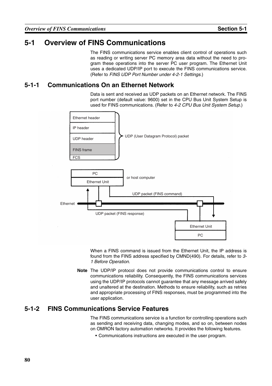 1 overview of fins communications, 1-1 communications on an ethernet network, 1-2 fins communications service features | Overview of fins communications, Communications on an ethernet network, Fins communications service features | Omron W343-E1-07 User Manual | Page 101 / 317