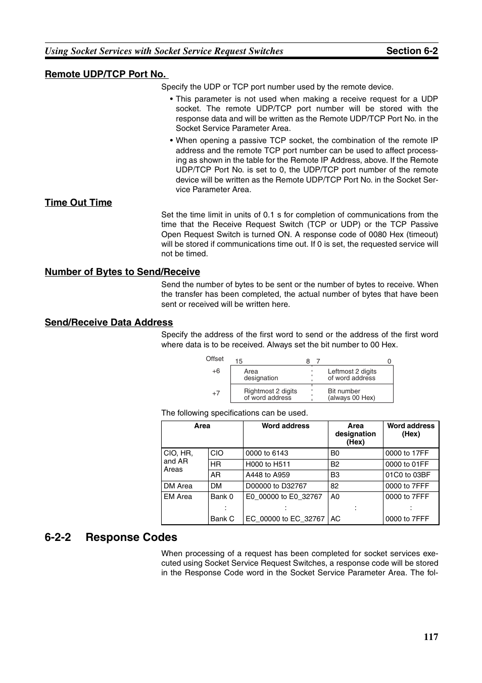 2-2 response codes, Response codes, Time out time | Number of bytes to send/receive, Send/receive data address | Omron W343-E1-07 User Manual | Page 138 / 317